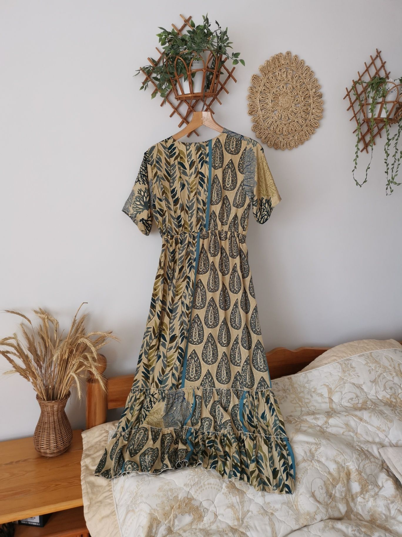 Jedwabna długa sukienka maxi boho hippie indie L XL
