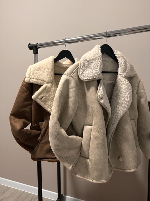 Трендова  дублянка світла бежева оверсайз куртка верхнійодяг дубльонка