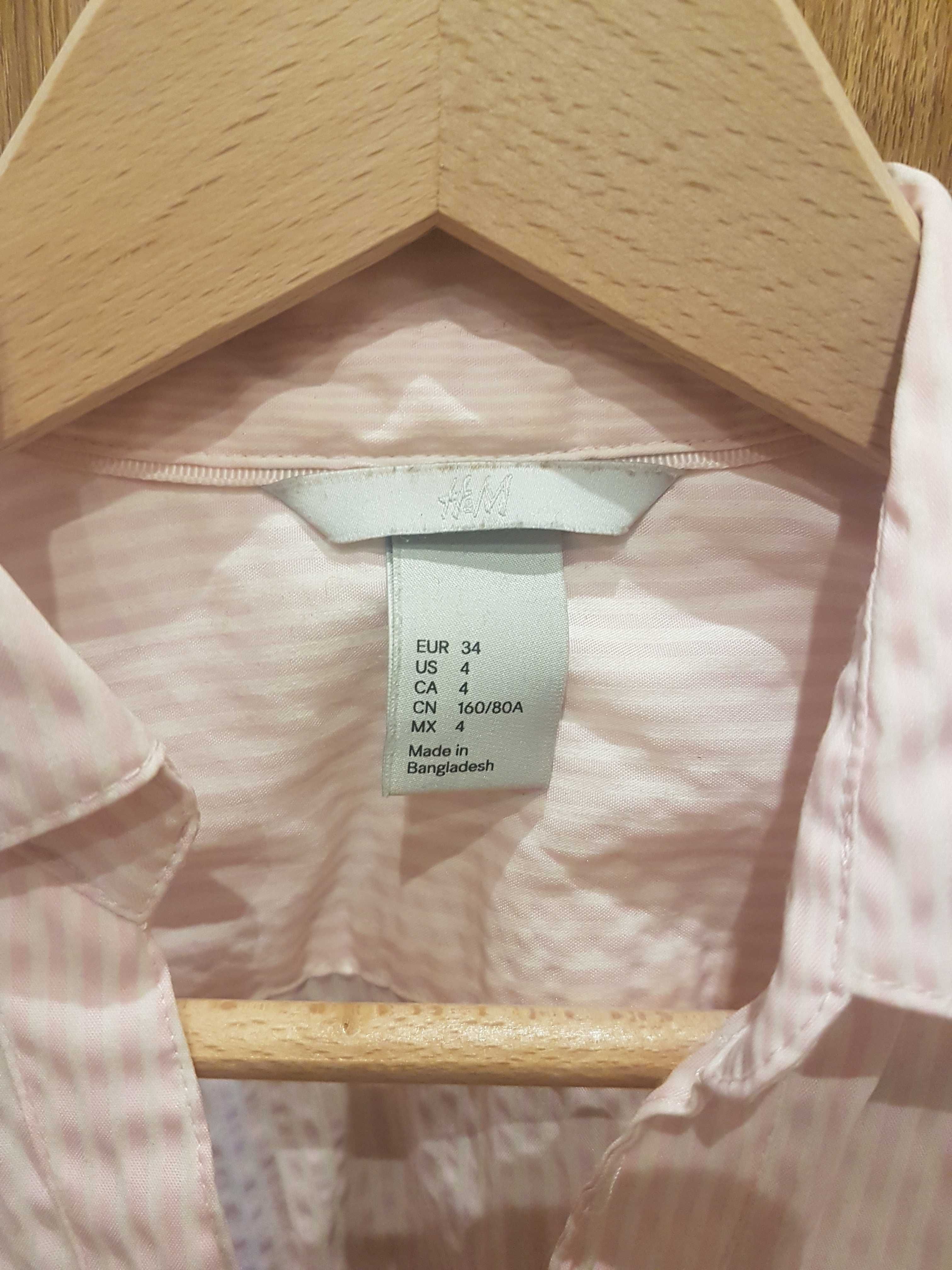 Marszczona koszula H&M 34 biało pudrowo różowe paseczki