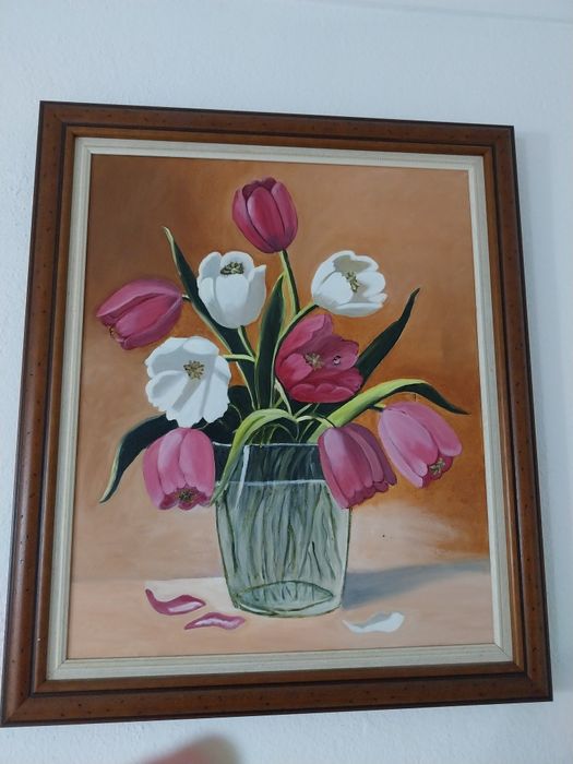 Quadro pintado à mão. Tema : túlipas em vaso
