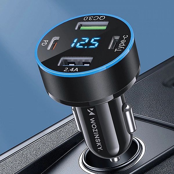 Ładowarka samochodowa Wozinsky WDCCB z wyświetlaczem 50W 2xUSB-C / 2xU