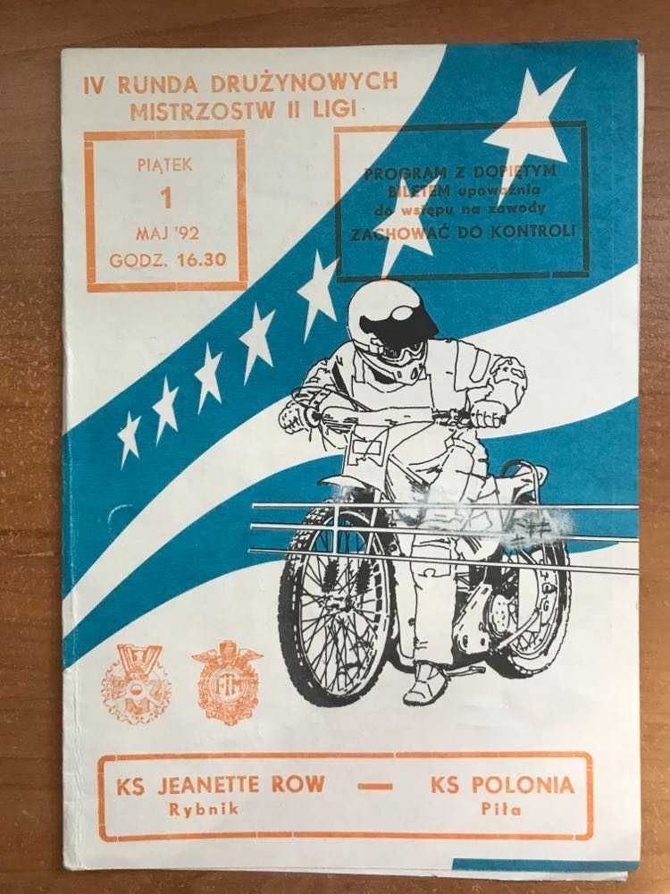 Program żużlowy DMP II Ligi Row Rybnik - Polonia Piła [Rybnik, 1992r.]