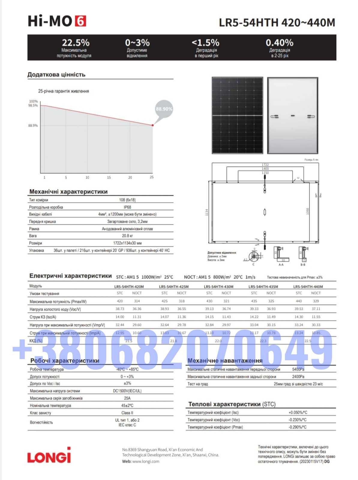 105$ Сонячна батарея LONGI 440Вт HPBC Hi-MO6, LR5-54HTH 440