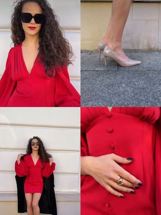 Czerwona krótka sukienka z guziczkami bufiaste rękawy 34 xs