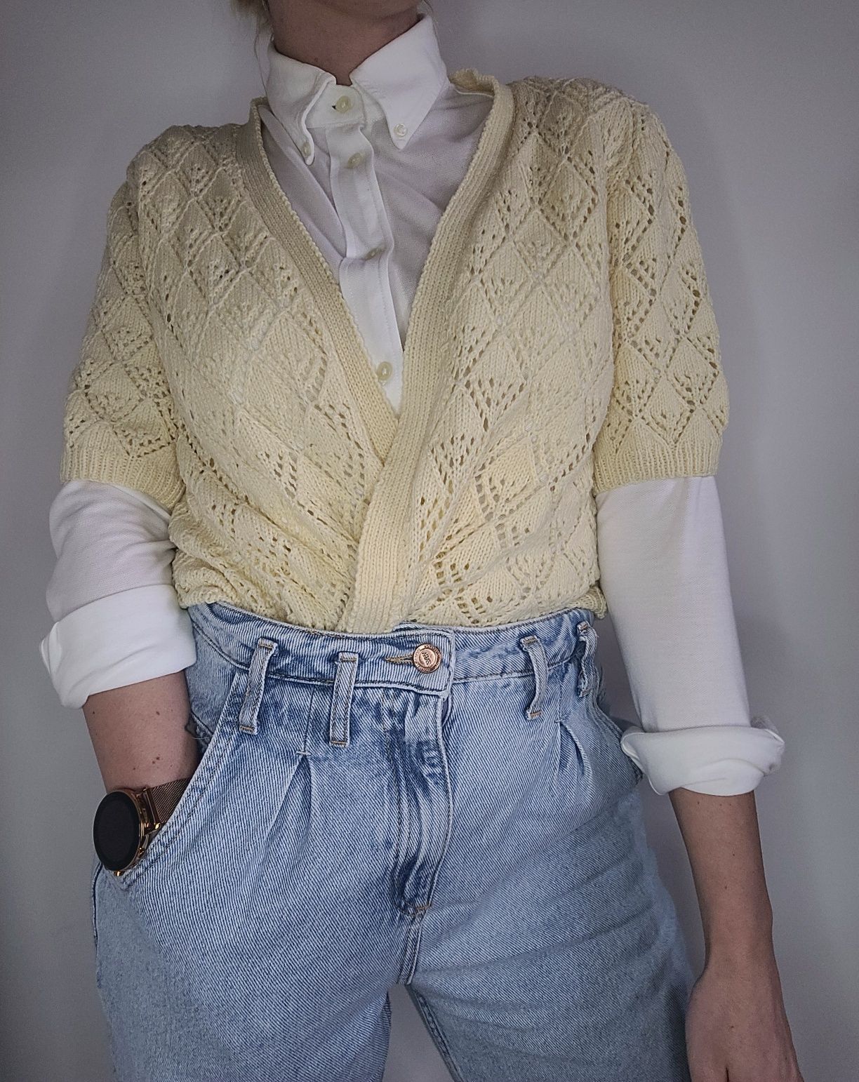 Kremowa ażurowa kamizelka boho handmade