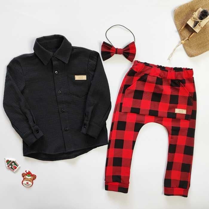 Elegancki ZESTAW chłopięcy muślinowa koszula czarna czerwona krata 92