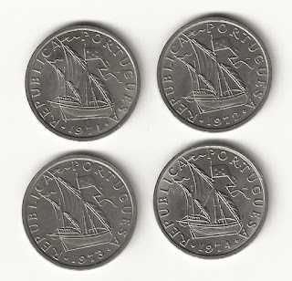 Lote de 4 moedas de 10$00 de 1971, 1972, 1973, 1974