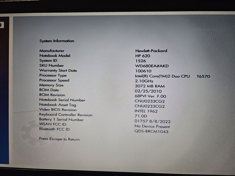 Laptop hp620 4gb/hdd320