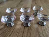 Gałki meblowe uchwyty kryształ różowe 6 sztuk srebrne BDB komplet