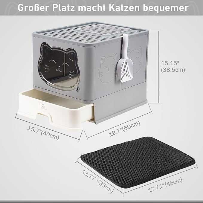 Kuweta dla kota z pokrywką z mata szara