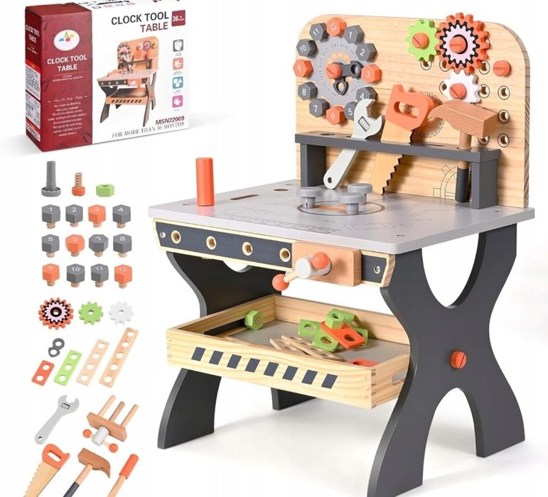 Drewniany stół warsztatowy dla dzieci, narzędzia drewniane