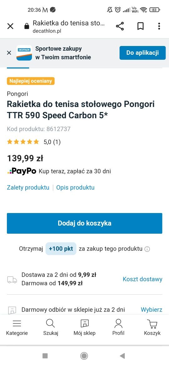 Rakietka rakieta do tenisa stołowego Pongori TTR 590 NOWA