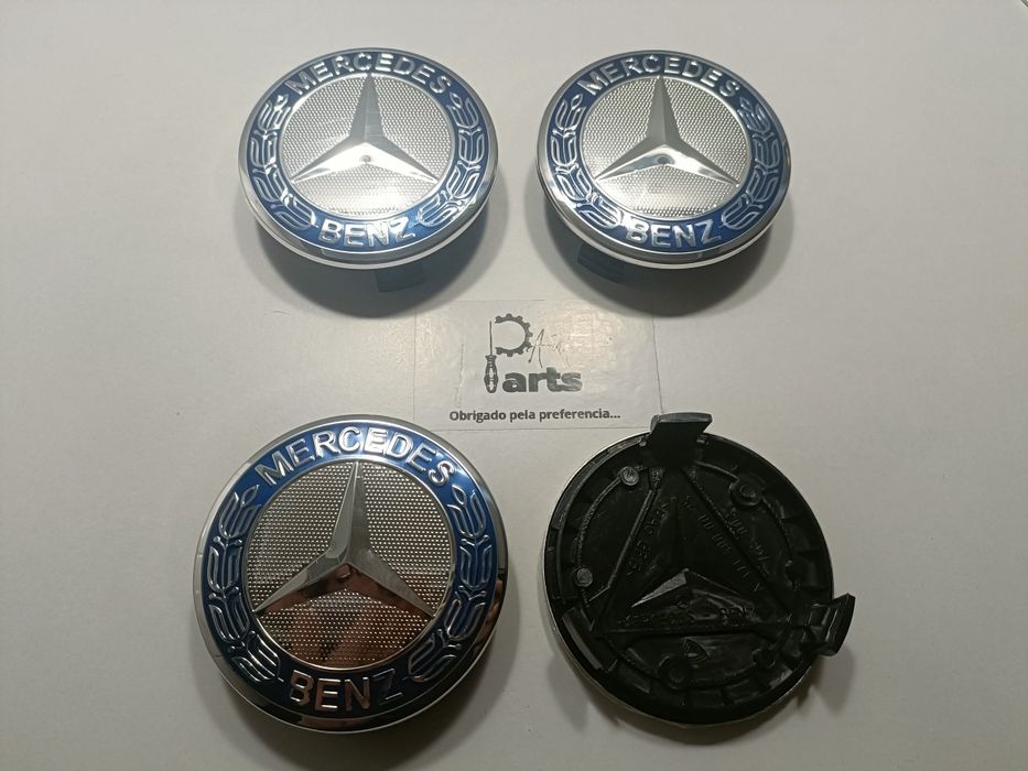 Conjunto 4 Centros jante Mercedes 75mm (Cromado/Azul) 3 pinos