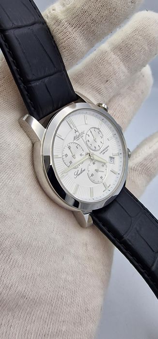 Wielki Atlantic Sealine Chronograph Black&White - szafir - skóra Swiss