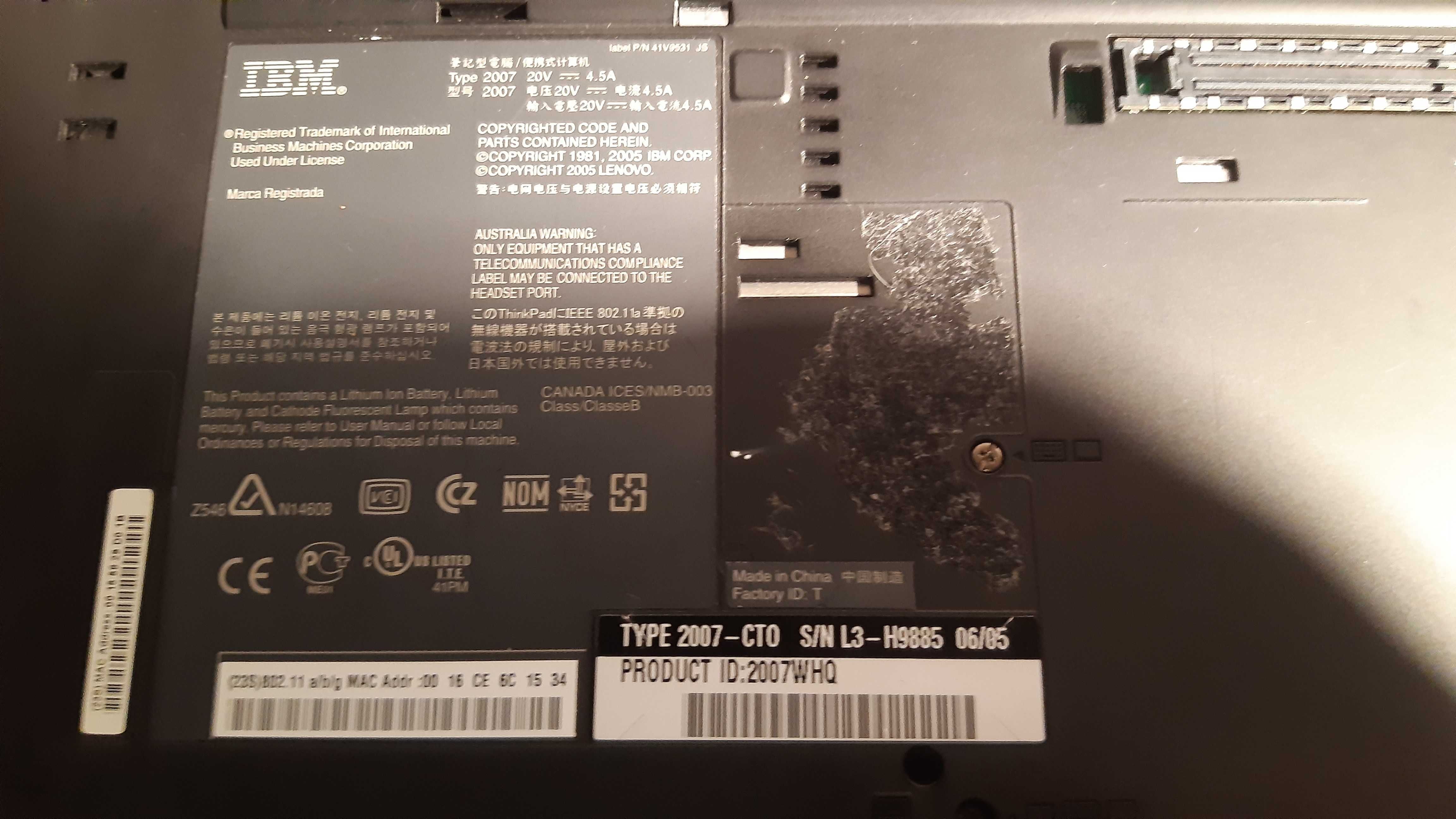 Laptop IBM Lenovo Think Pad T60 TYPE 2007-CT0  (1952-45G)