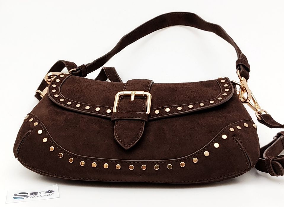 Torebka Flora & CO Paris Zamsz Brązowa Czekoladowa Ćwieki Listonoszka