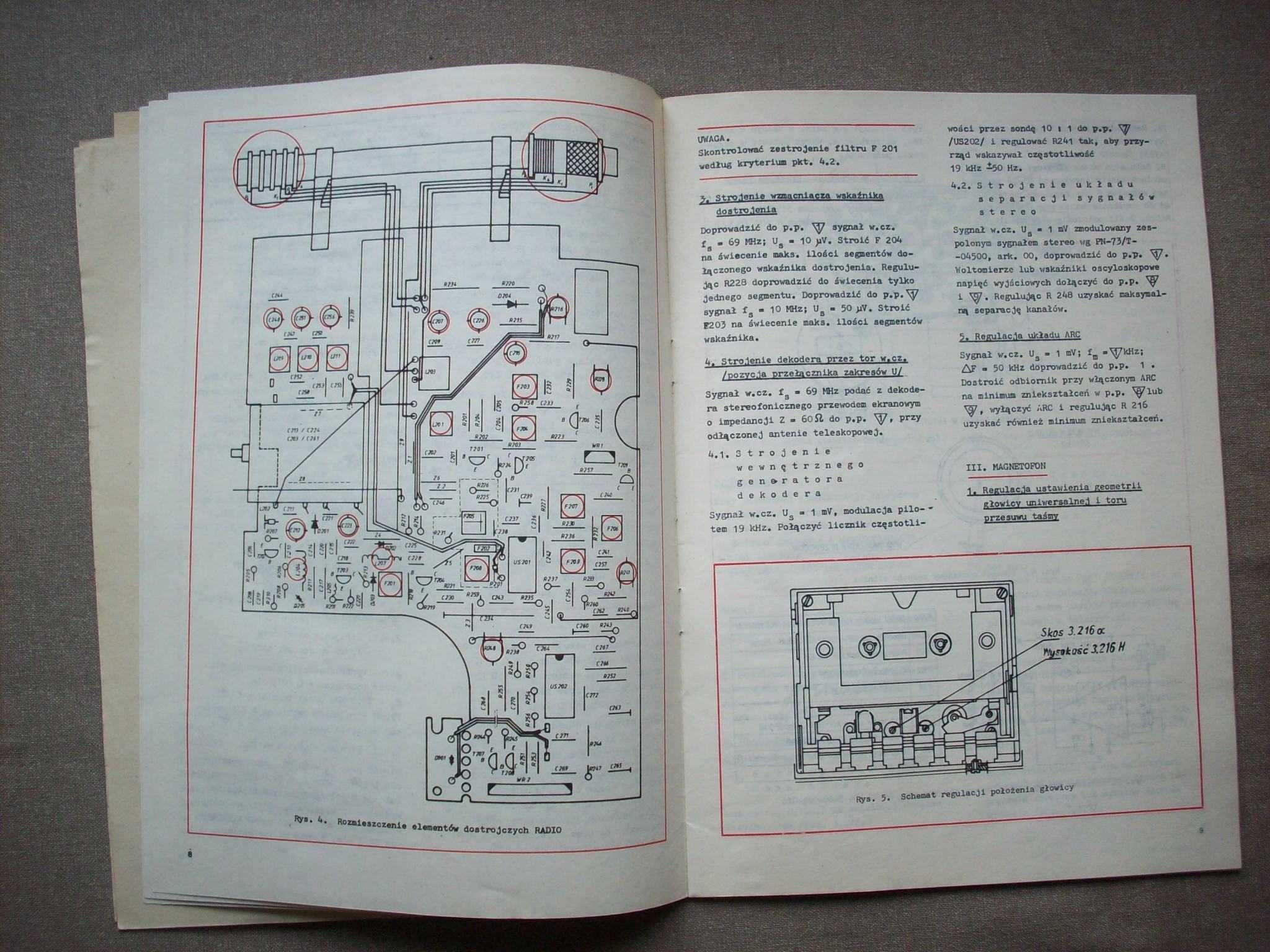 Instrukcja serwisowa radiomagnetofon RMS 404, Unitra ZRK Kasprzak.