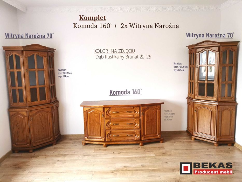 Stylowa Dębowa Komoda RTV + Dwie Witryny Narożne Producent BEKAS Meble