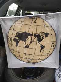 Duży drewniany zegar mapa 50 cm vintage