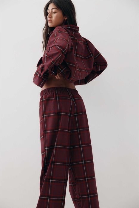 Piżama bawełniana flanela Koszula ze Spodniami S NOWA Ko krata burgund