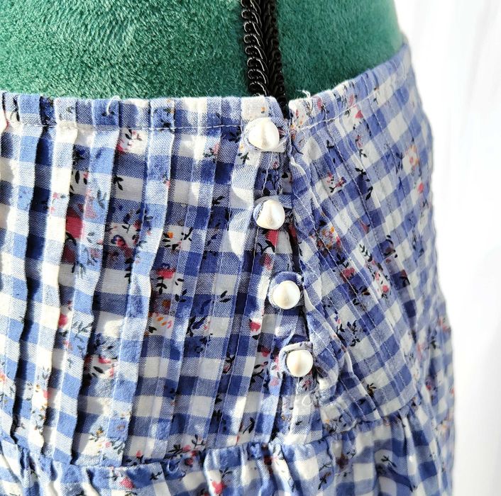 Spódnica Pas 38 M bawełna niebieska kratka kwiatki retro midi milkmaid