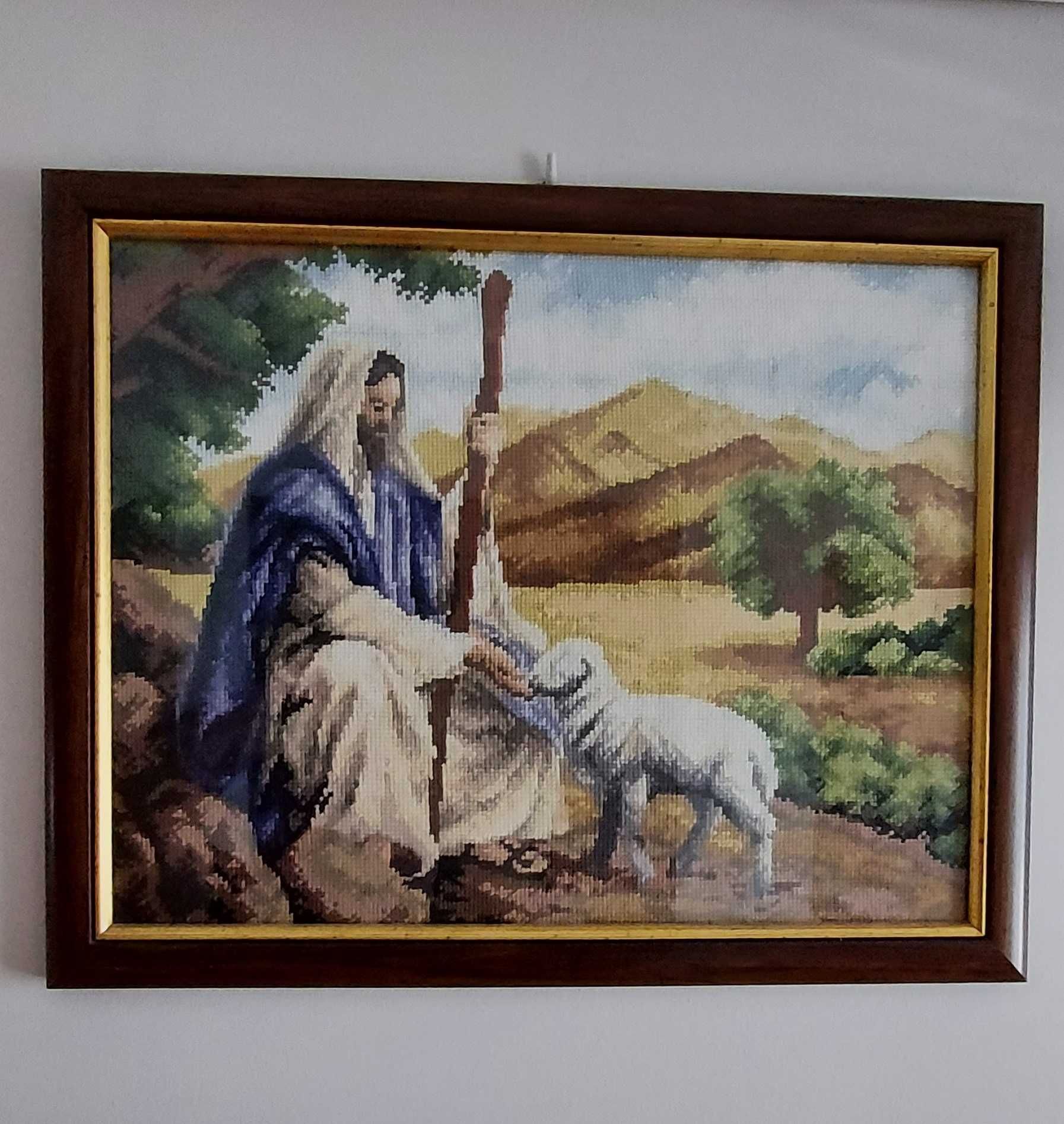 Obraz, Haft krzyżykowy, Pan Jezus z owieczką.