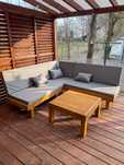 Narożnik ogrodowy zestaw sofa stolik kawowy ława drewno drewniany