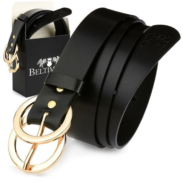Beltimore skórzany pasek damski złote koła modny D50 złoty czarny nowy