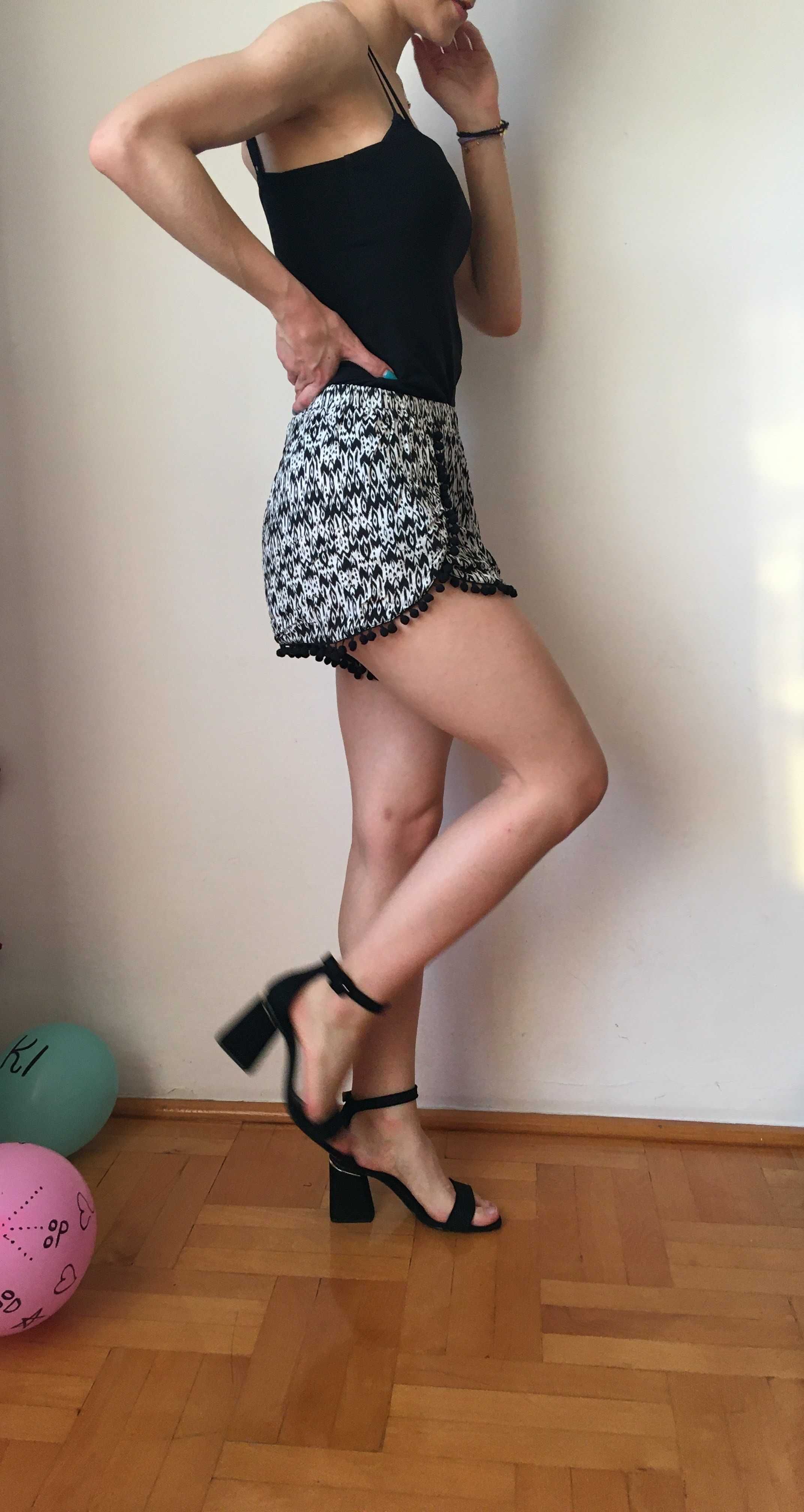 Spodenki shorty letnie 38 L H&M pomponiki biało czarne