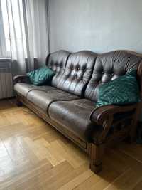 Nowa cena!! Skórzana kanapa z dębową konstrukcja + fotel
