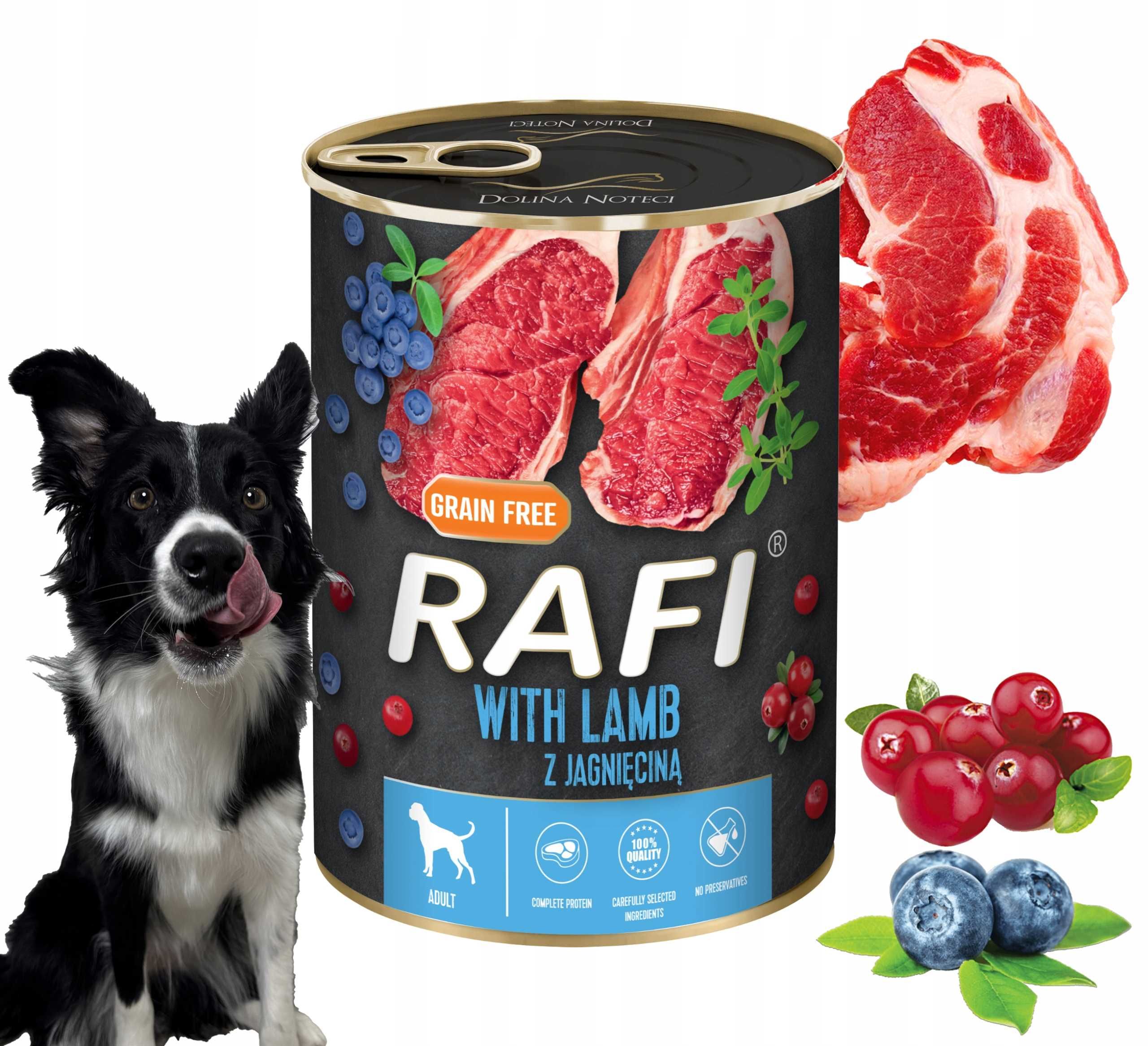 Karma Mokra Dla Psów RAFI z Jagnięciną, Borówką Żurawiną 400g - 24szt