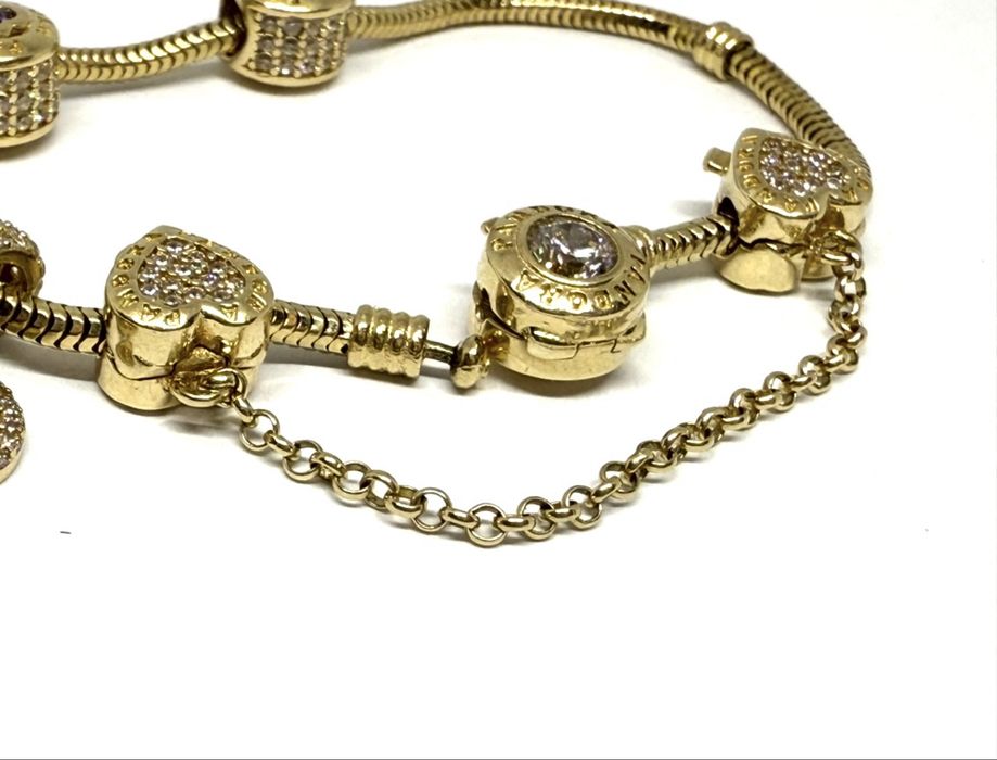 Złoty 585 Charms stoper 2 serca  z łańcuszkiem zabezpieczjący