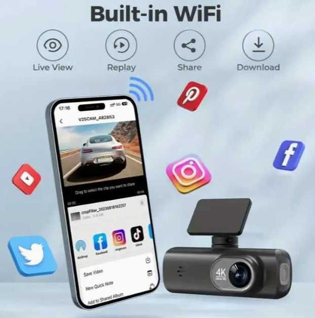 Видеорегистратор Dash Cam 4K + 1080P WiFi GPS + камера заднего вида.