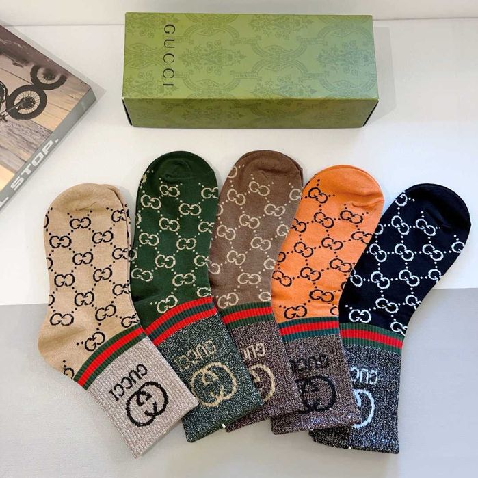 (5 pares) Meias compridas estilo novo Gucci tecido de algodão puro