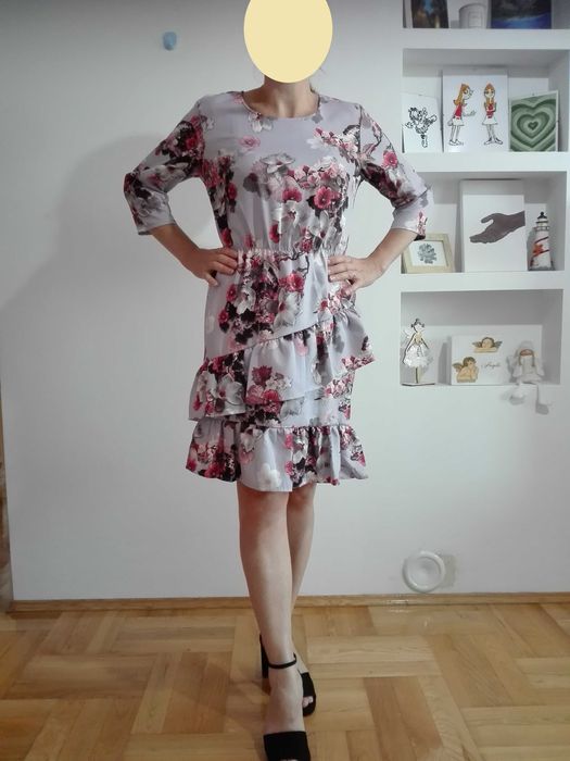 nowa sukienka na lato, S/M, szara w kwiaty, elegancka