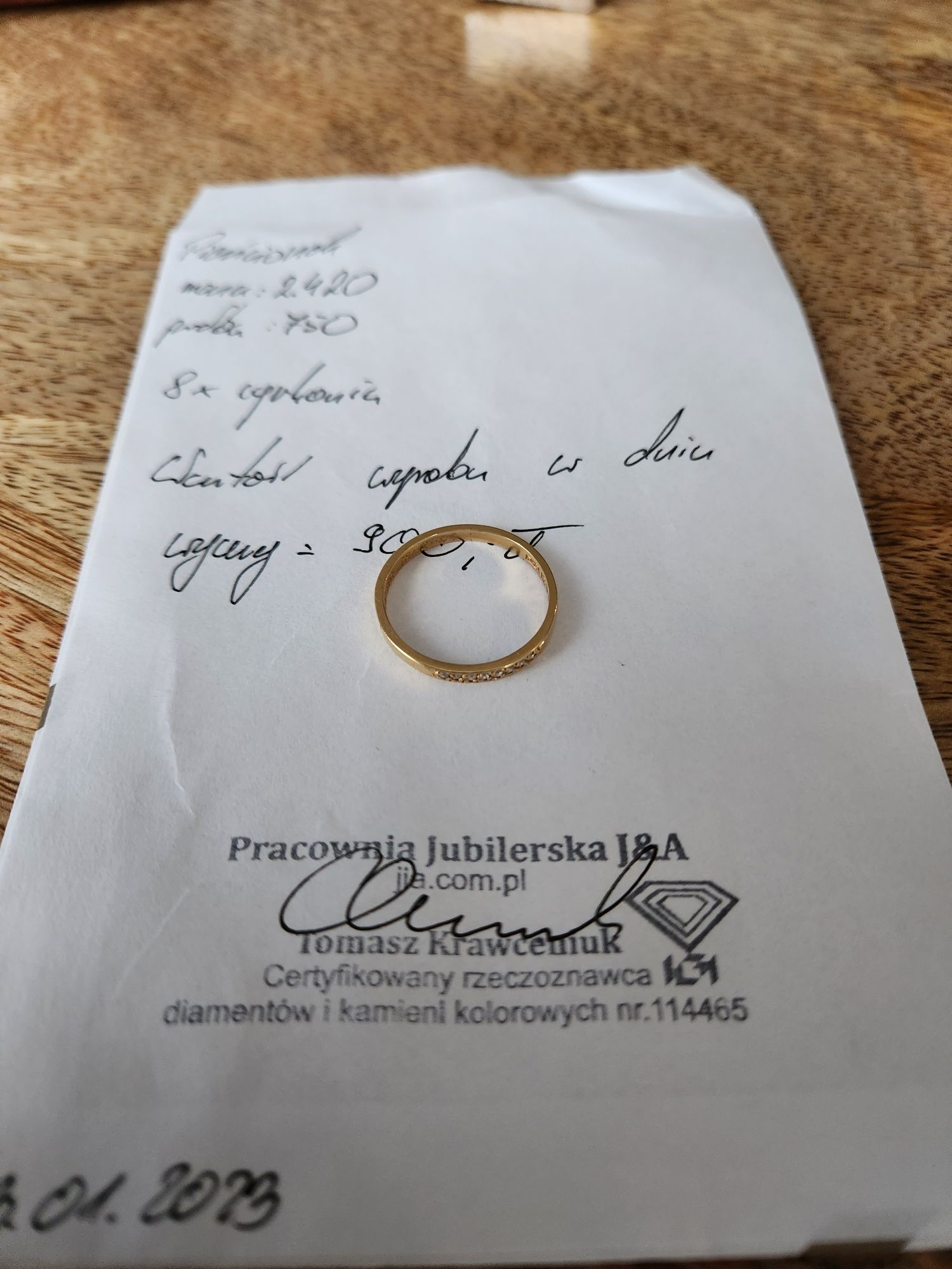 Obrączka,  złoto 18k, cyrkonie.