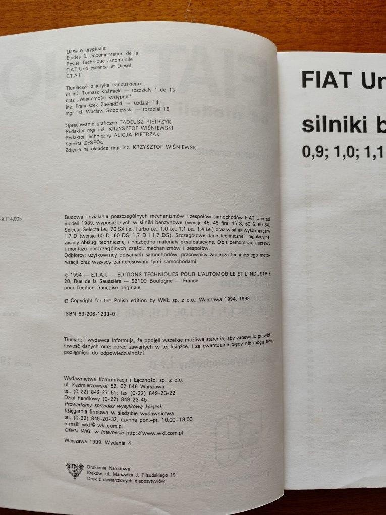 Fiat Uno od modeli 1989 Opis demontażu, naprawy i montażu części 1999