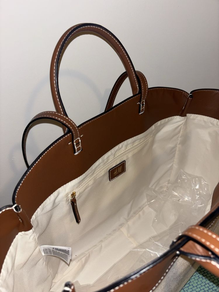 Torebka shopper h&m nowa beżowa brązowa płócienna pojemna