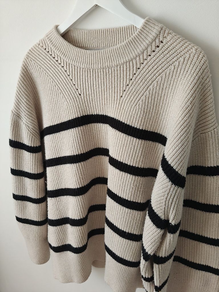 Sweter damski ciepły kremowy w paski Zara jesień zima XL