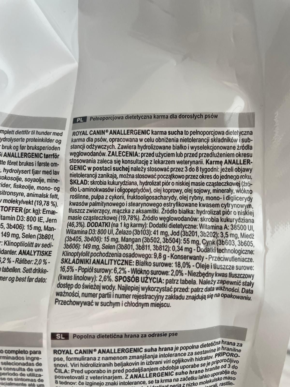 Karma dla psa Royal Canin Anallergenic, 6.1 kg (otwarta)