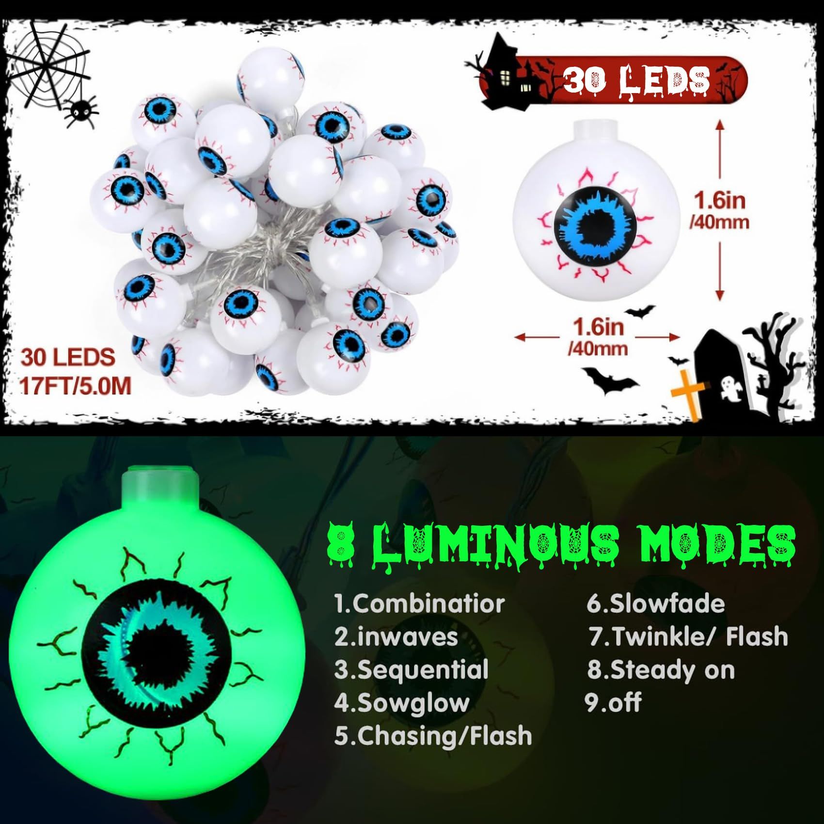 Halloween łańcuch 5m 30 LED zielone gałki oczne 8 trybów