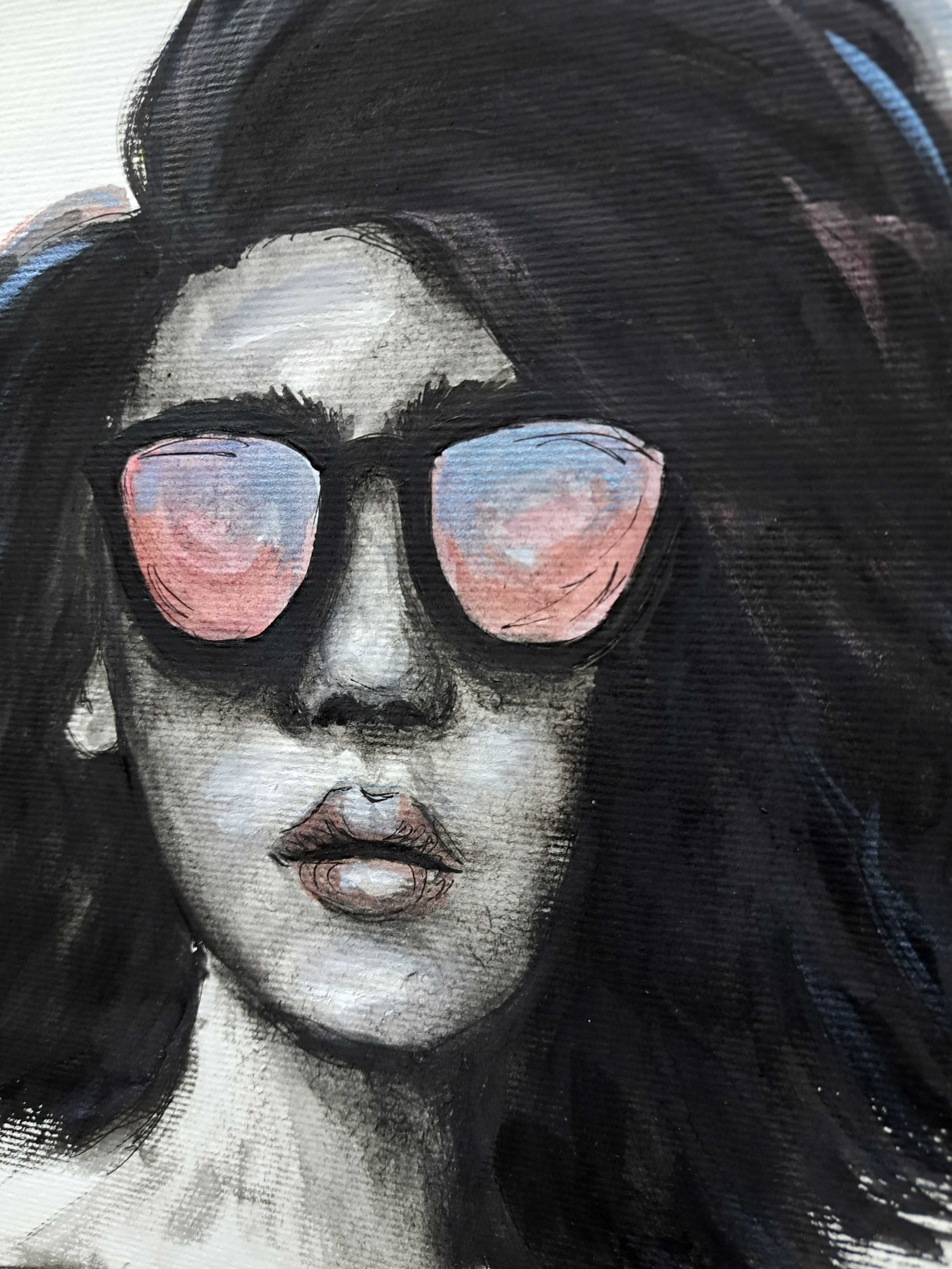 Portret kobieta okulary czarno biały obraz akwarela 21x30 Real One