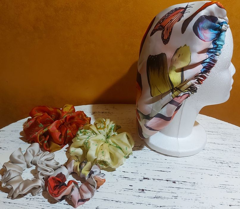 Cieniutki jedwab,  czepek M,  scrunchies  M, XL