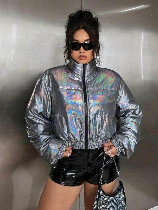 Kurtka Puchowa Zimowa Krótka Metaliczna Srebrna Casual Shein Xxl 44