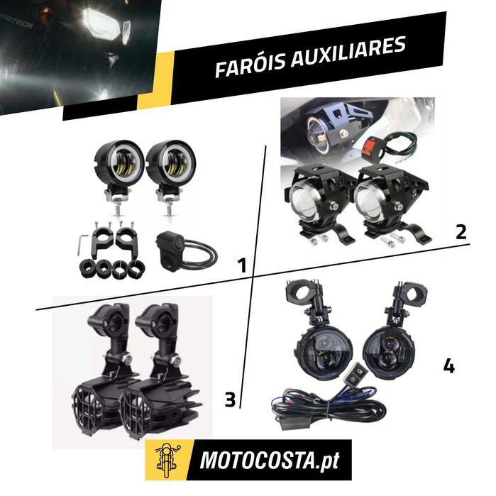 Faróis Auxiliares LED - Bifocais, com Halo e Suportes - MOTOCOSTA