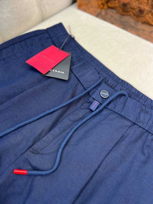 Мужские льняные брюки Kiton классические синие штаны Китон d070