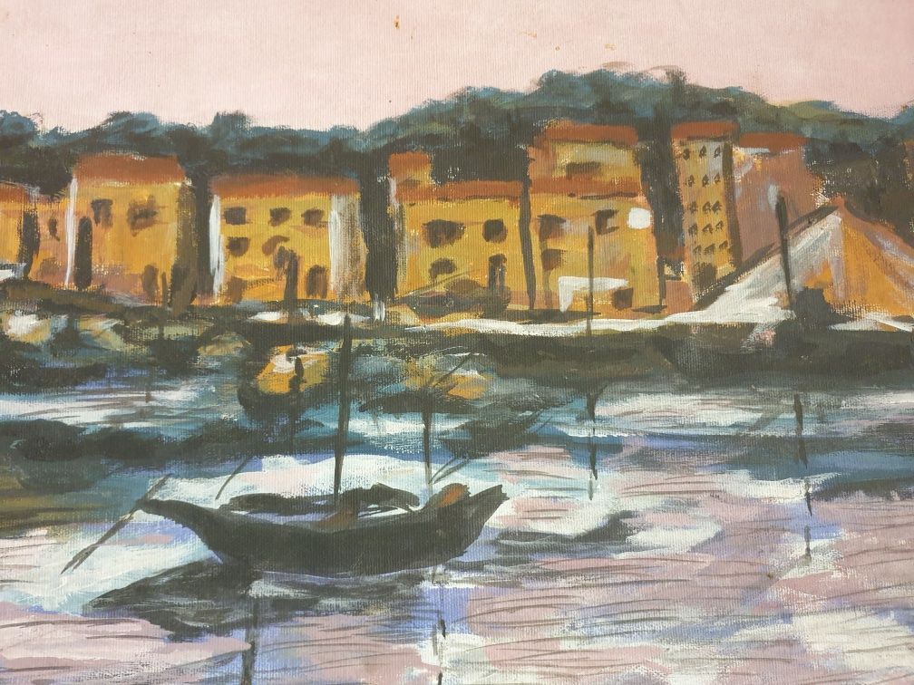 antiga pintura de paisagem fluvial em óleo sobre tela-assinada MATOS