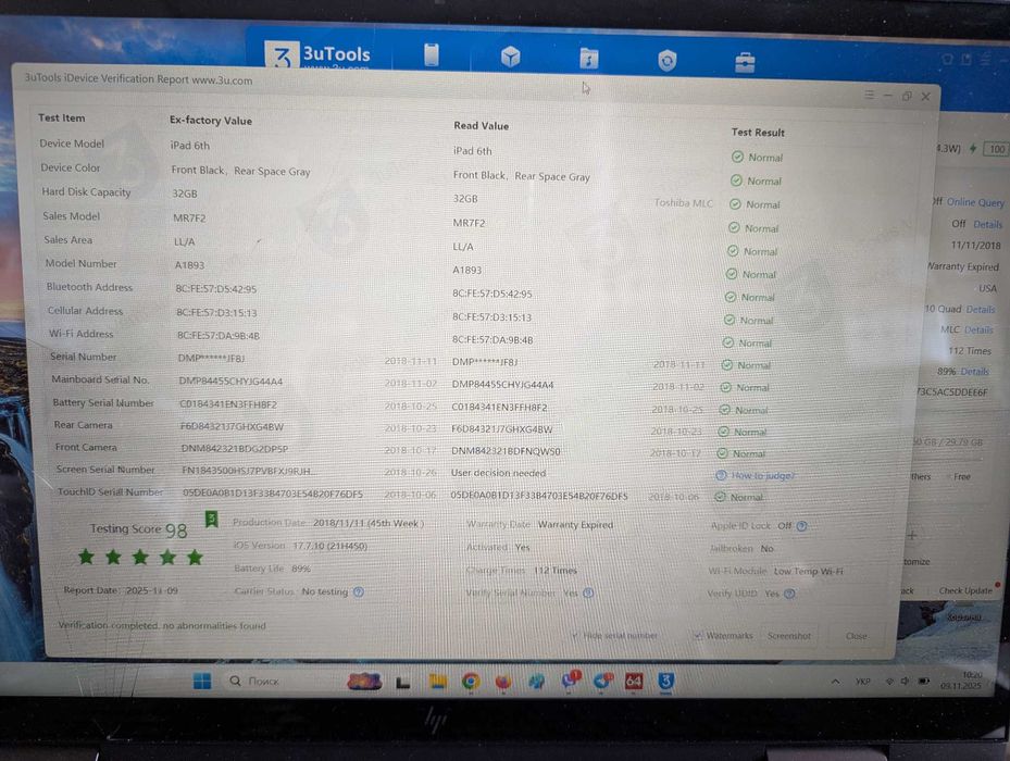 В оригіналі без обмежень Apple iPad 6 th 32 gb wi fi батарея 89%