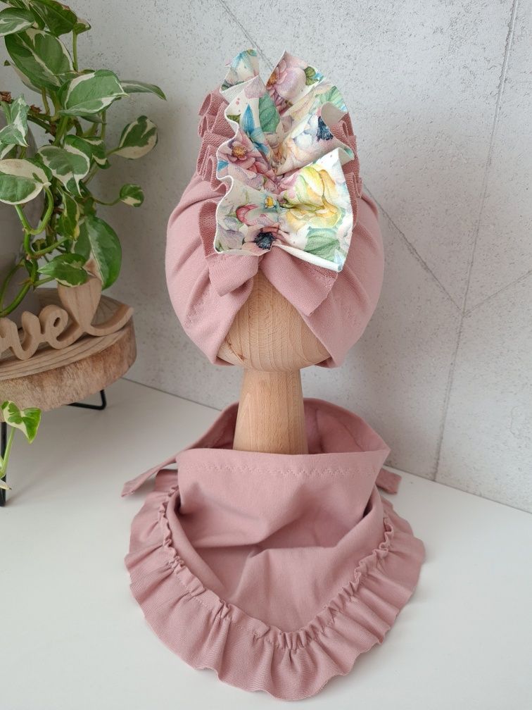 Komplet wiosenny czapka turban i chusta z falbanką