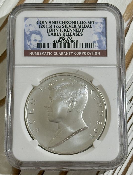 Монета Медаль Кеннеди MS70 Первый релиз NGC Silver 1oz 0.999